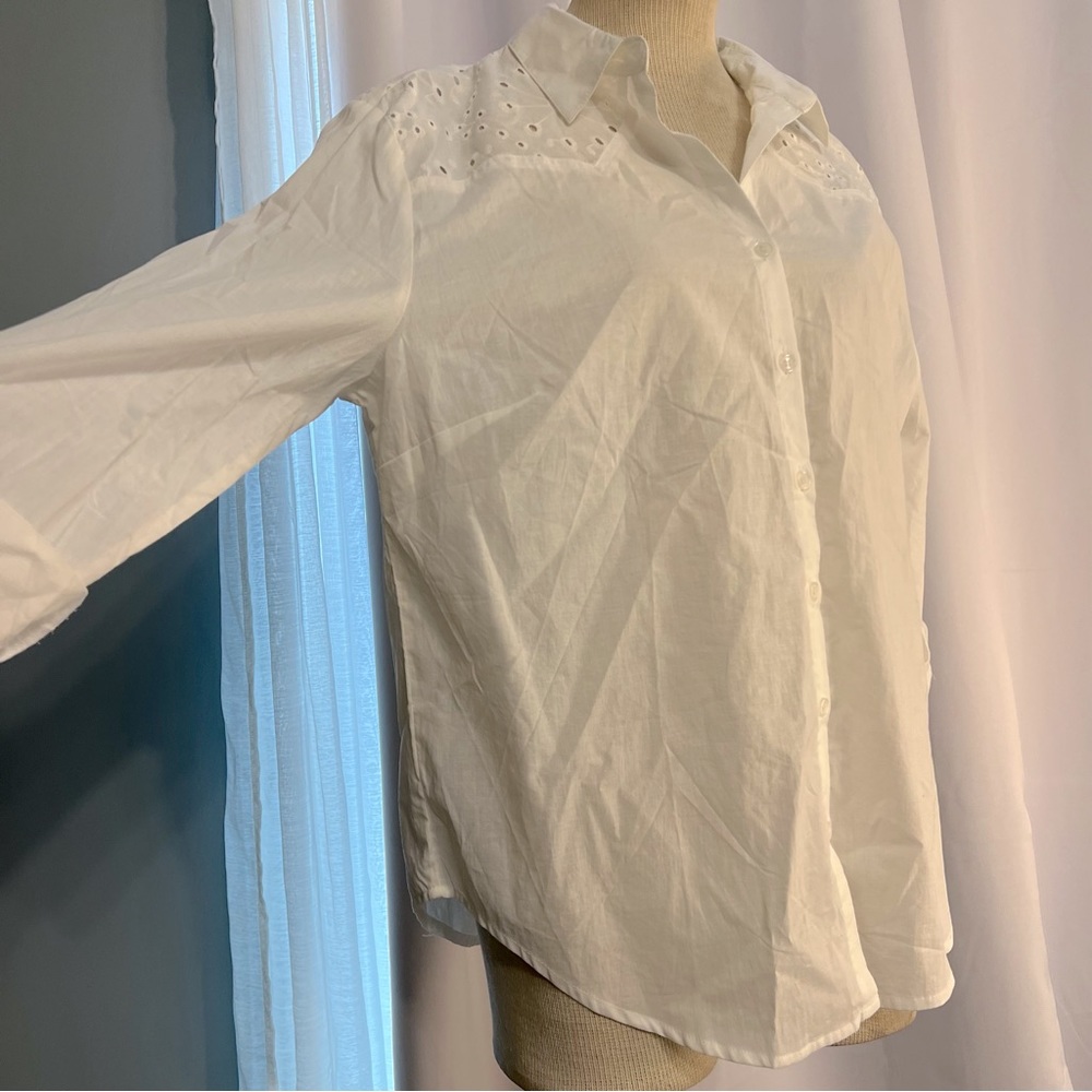 Hester Orchard White Cotton Long Sleeve Button Shirt Crochet Cuffs Womens XL NWT